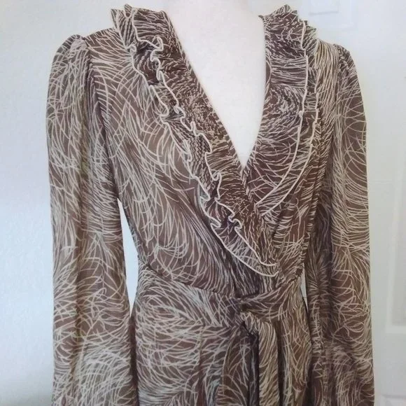 Studio 36 Dress Vintage 80's Brown & Cream Long Sleeve Size L Deep V-Neck - Picture 8 of 8